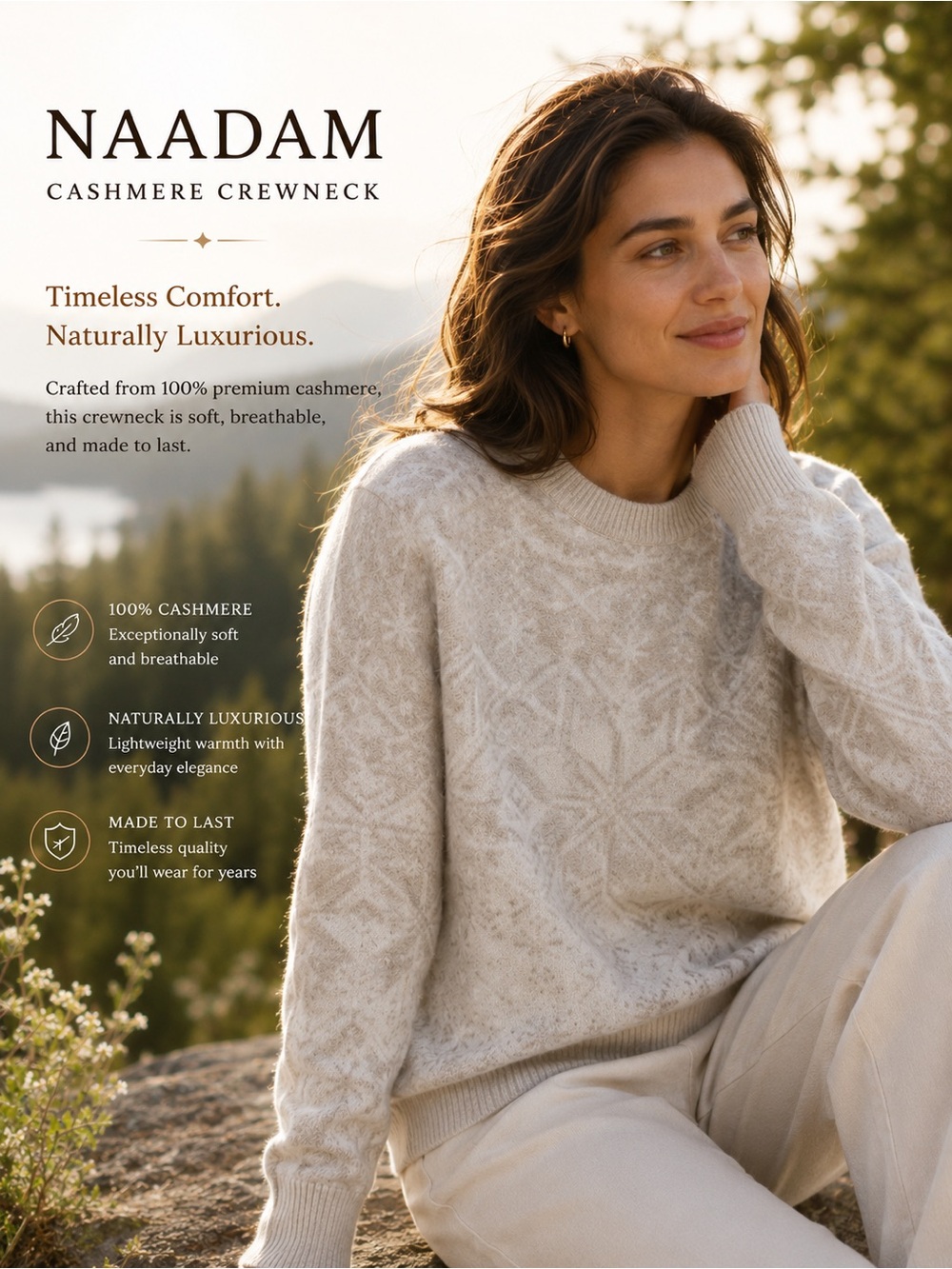 NAADAM Neutral Snowflake 100% Cashmere Crewneck Sweater